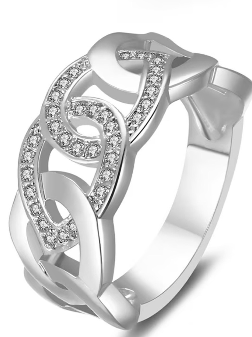Silver Chain-Link Crystal Accent Ring
